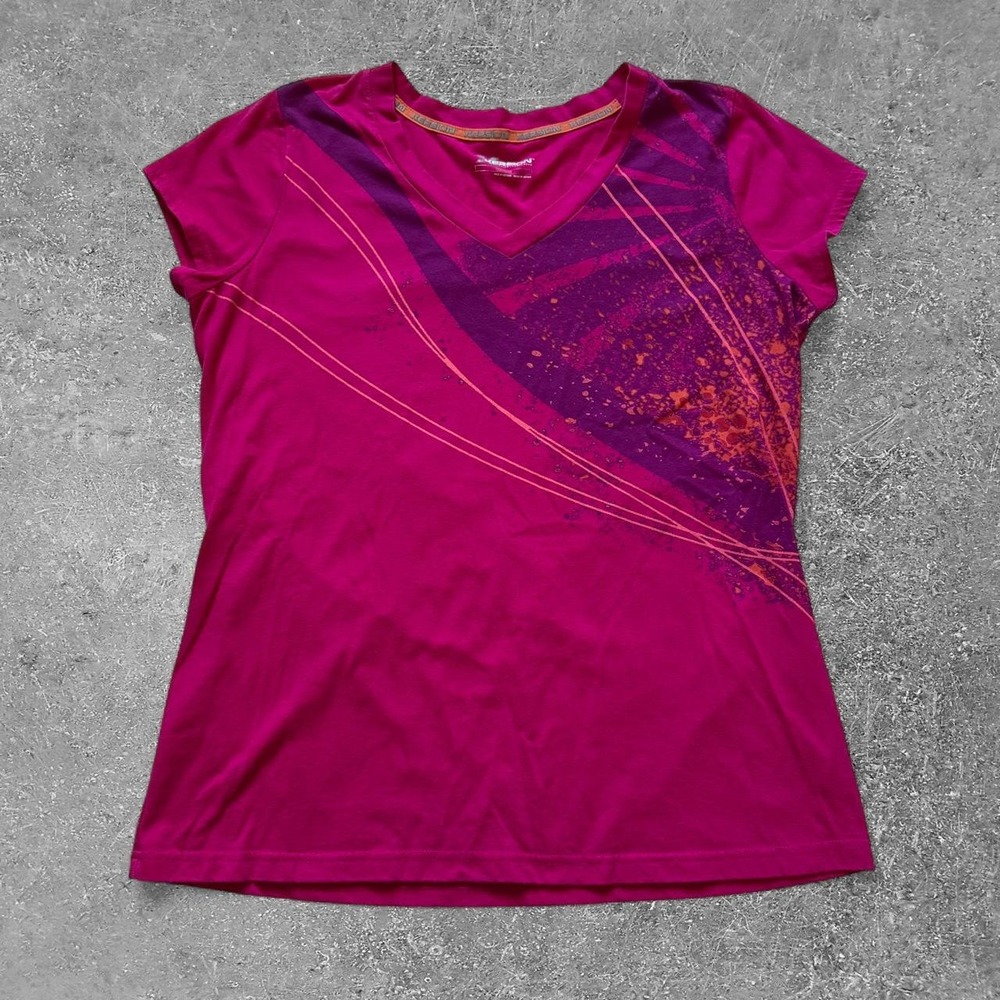 Xersion Womens Pink Purple Graphic V-Neck T-Shirt Diagonal Stripes Splatter Fair